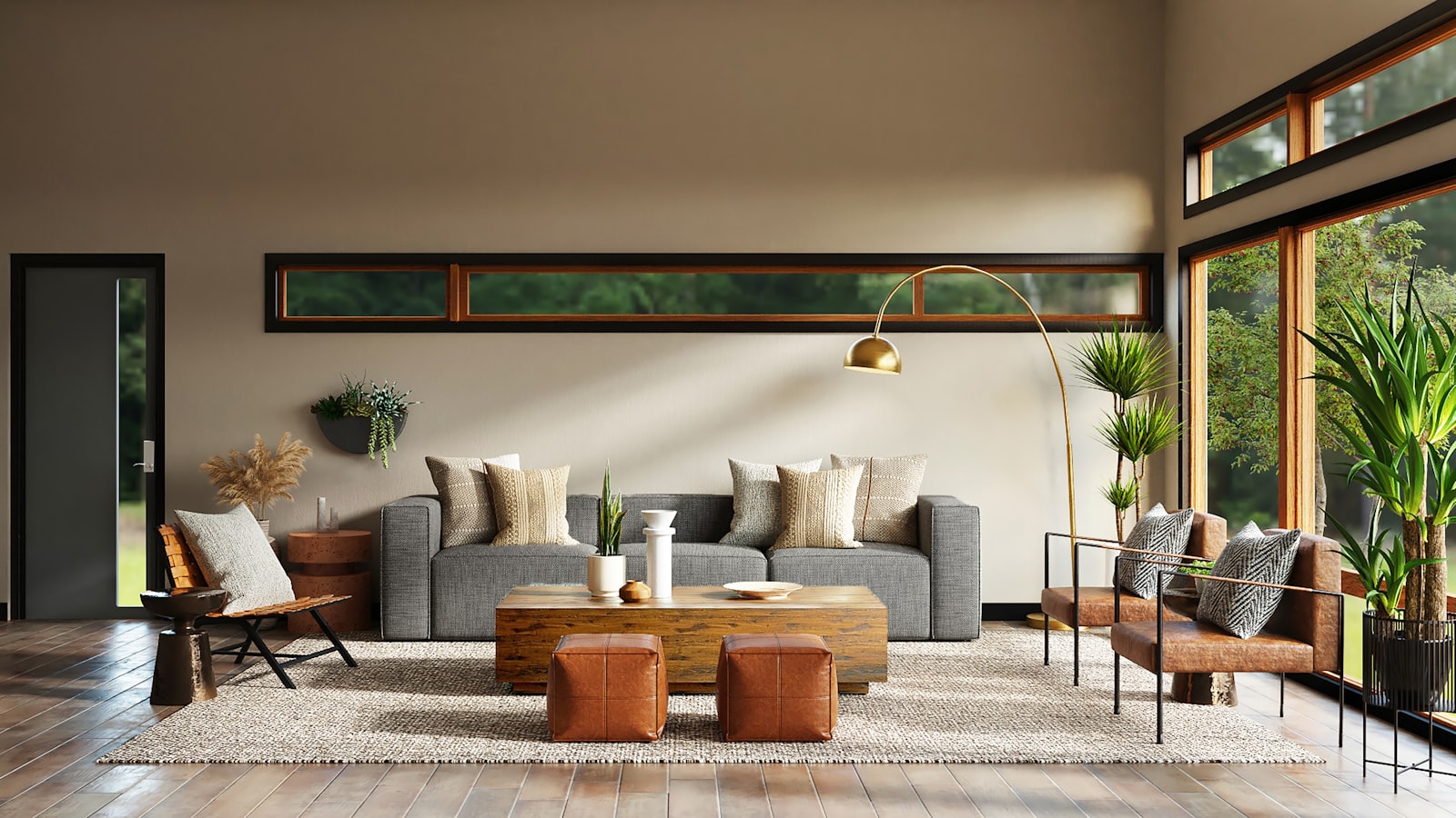 A tidy home office with a wooden desk, a comfortable chair, a plant, and warm natural light from a window